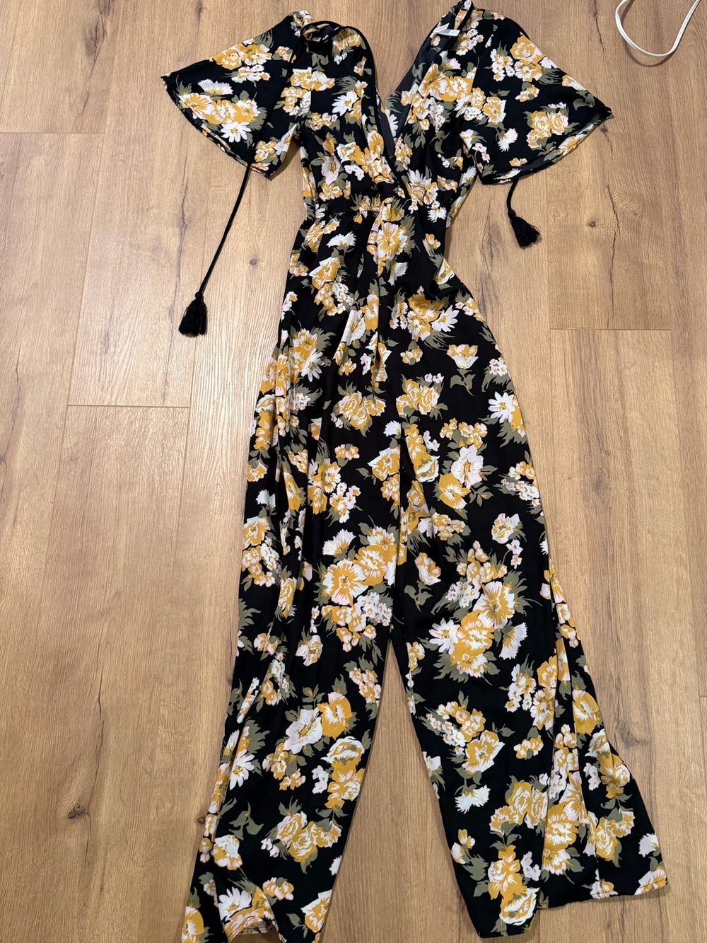 Xhilaration Black Floral Wide-Leg Jumpsuit with Mustard Blooms